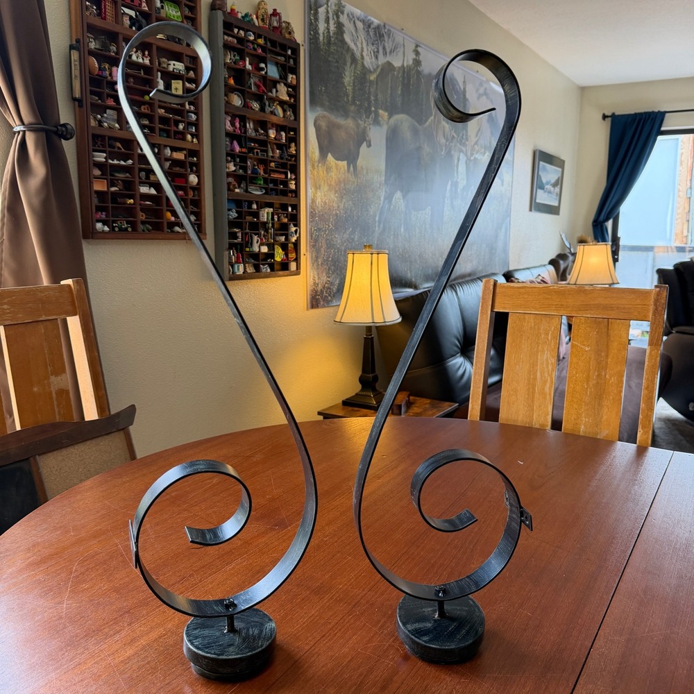 Vintage Metal Scroll Wall Sconce Pillar Candle Holder Pair Distressed Black